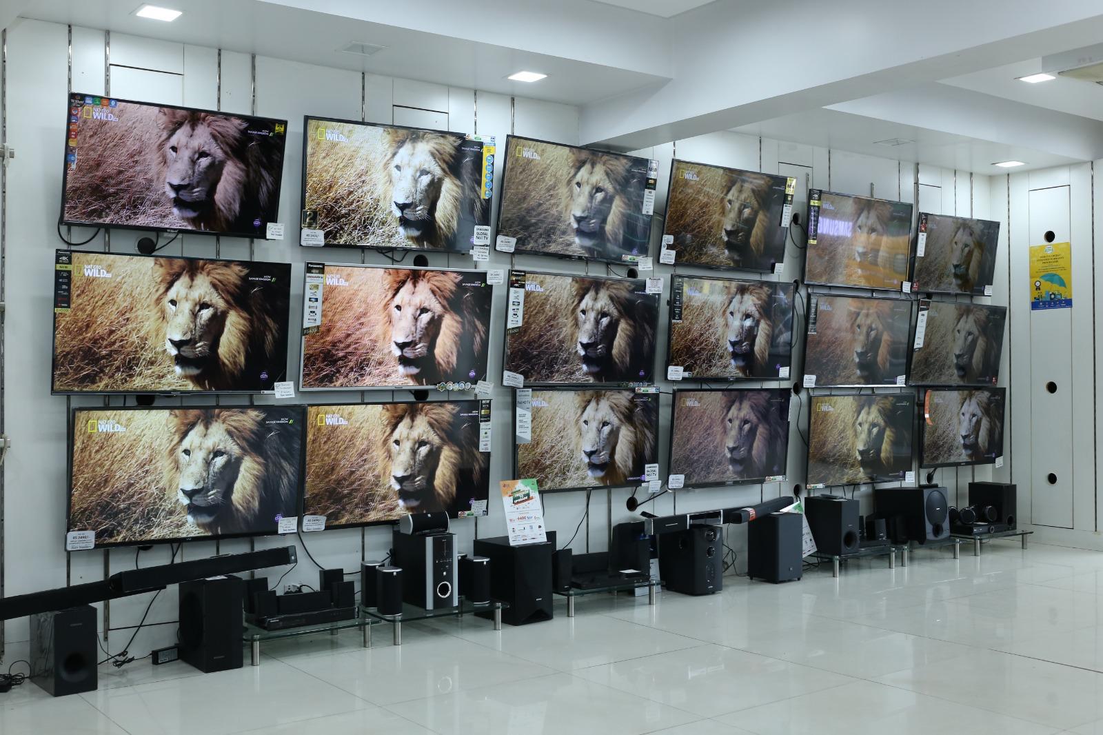 Television display wall inside the Jain Traders electronics showroom in Thane